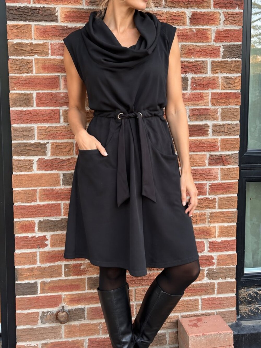 ENCHANTÉ Black Cowl Neck Belted Dress with Pockets – M